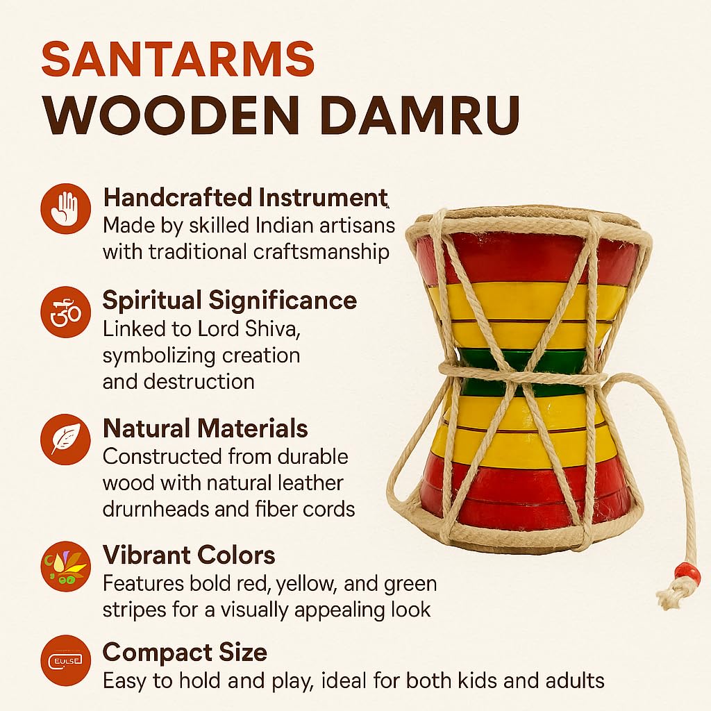 Santarms Handcrafted Wooden Damru | 5 Inch Traditional Indian Drum for Devotional Puja, Bhajan, Meditation & Kids | Lord Shiva Spiritual Instrument