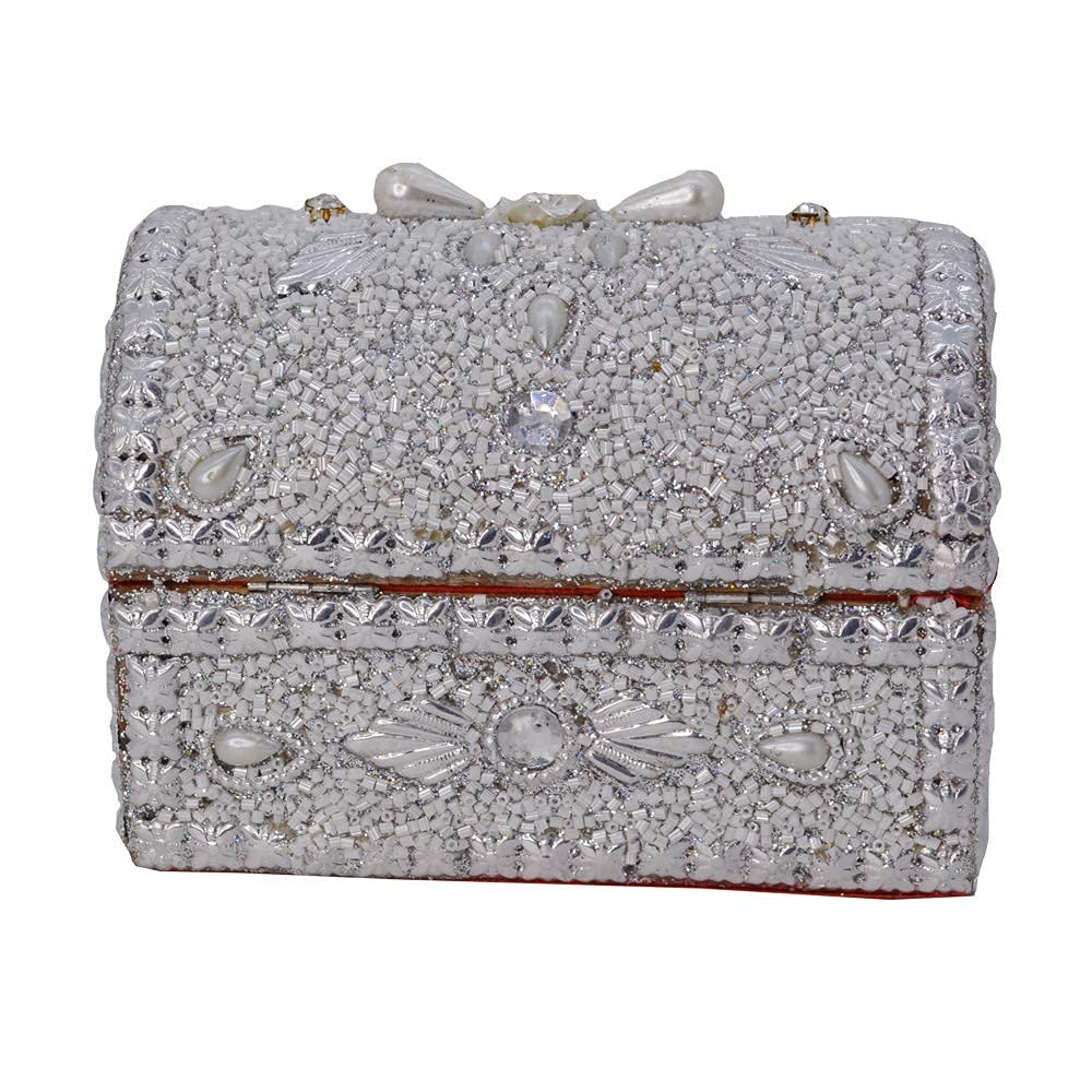 santarms Beads Work Jewellery Craft Box (White) | 10 cm Handmade Wooden Jewelry Box with Lock | Shringar Box for Brides | Wedding Gift for Married Women