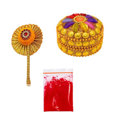 santarms Aluminium Handcrafted Golden Sindoor Box for Women, Jaipuri Round Kumkum Dabbi/Dibbi Sindur Dani with 5gm Red Sindoor and Stick Applicator (4)
