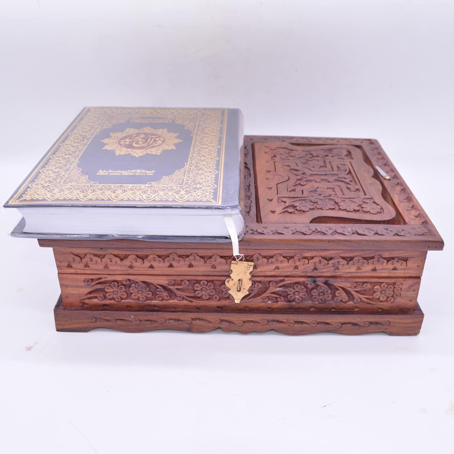 Santarms Holy Quran Book (in Arabic) with Wooden Quran Box for Reading | Ramadan Gifts Gift Hamper Set Handcrafted Fordable Book Box with Rehal Stand | Holy Book Holder with Rihal