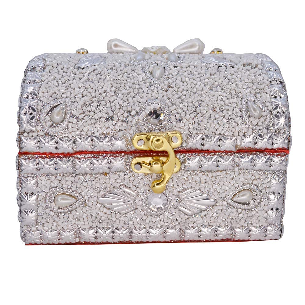 santarms Beads Work Jewellery Craft Box (White) | 10 cm Handmade Wooden Jewelry Box with Lock | Shringar Box for Brides | Wedding Gift for Married Women