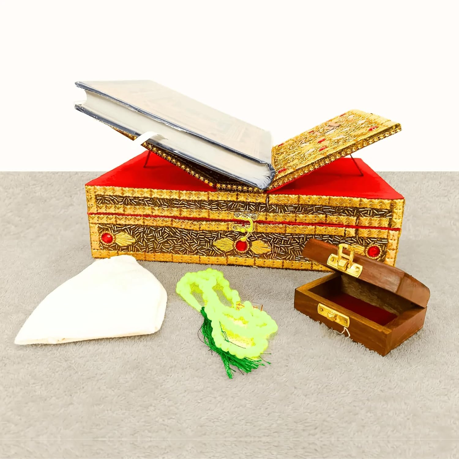 Santarms Wooden Holy Quran Pak Sharif Rehal Book Stand with Box Rihal for Kuran Shrif, Eid Gift, Inlay Work, Free (1 NAMAZ Cap + 1 Tasbih) Combo Pack