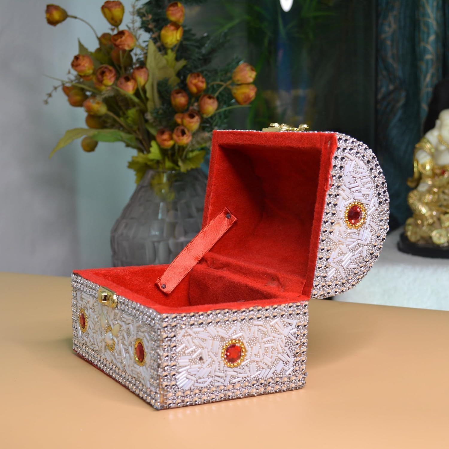 santarms Beads Work Jewellery Craft Box (White) | 10 cm Handmade Wooden Jewelry Box with Lock | Shringar Box for Brides | Wedding Gift for Married Women