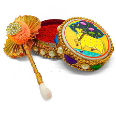 santarms Aluminium Kumkum Box with Sindoor and Stick, Designer Stone Moti Dibbi/Dabbi - Pack of 1