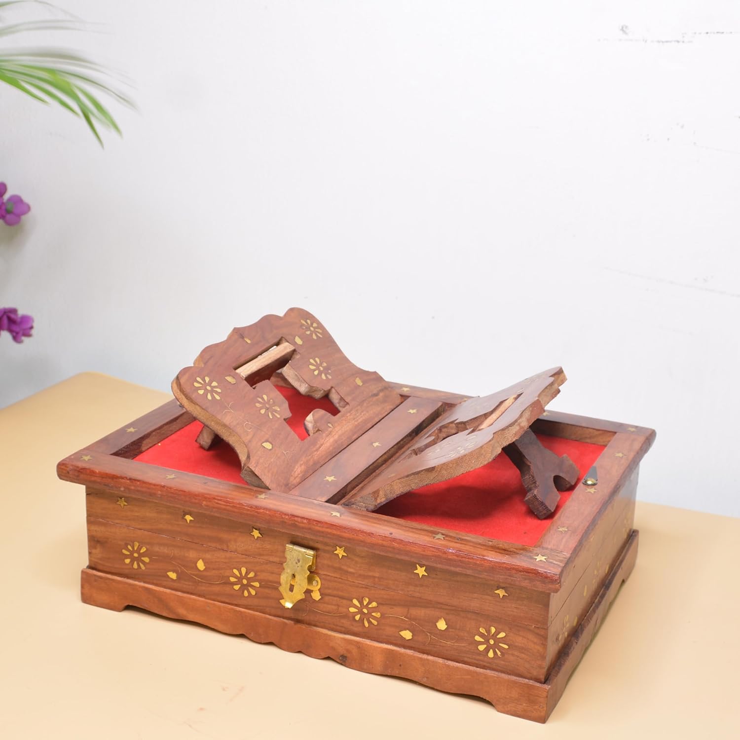 Santarms Wooden Geeta Stand Hanuman chalisa Stand - Geeta Stand Fordable bhagwat Geeta Stand Box | Book Stand Ramayan Holder Gita Ramayanam Book with Stand Box ramcharitmanas Stand, Combo Offer