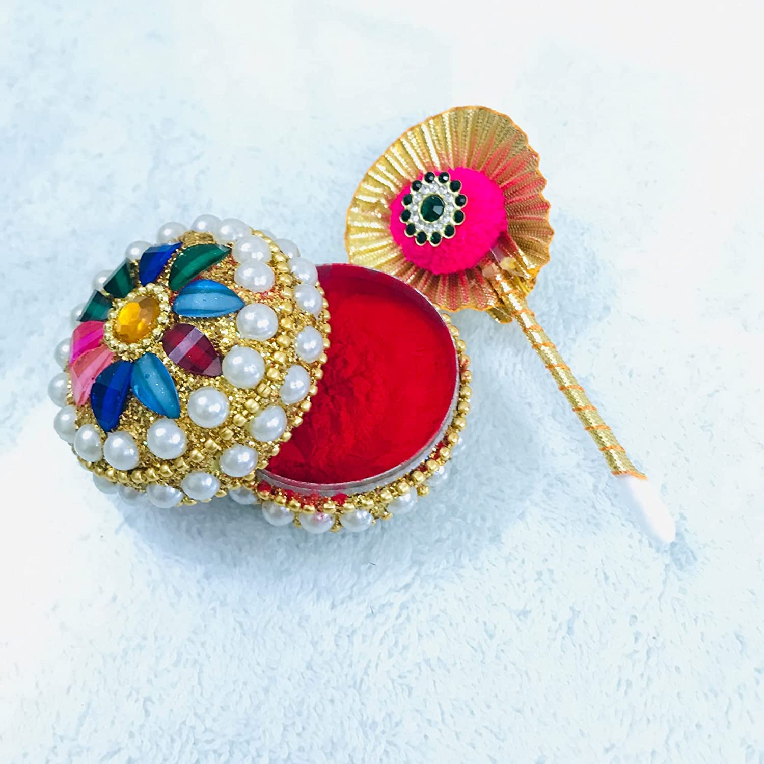 santarms Fancy Sindoor Box for Gift with Tilak Stick | Pooja Articles Gifting Sindoor Moti Dibbi - kumkum box with beautiful stick for multi-purpose