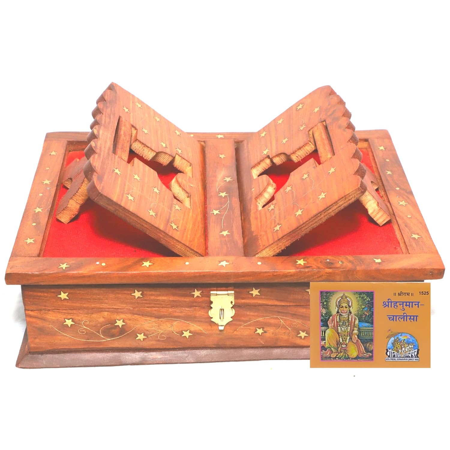 Santarms Wooden Geeta stand hanuman chalisa book gita gorakhpur gifts - Geeta Stand Fordable bhagwat geeta stand Box | book stand Ramayan Holder Gita Ramayanam book with stand box ramcharitmanas stand