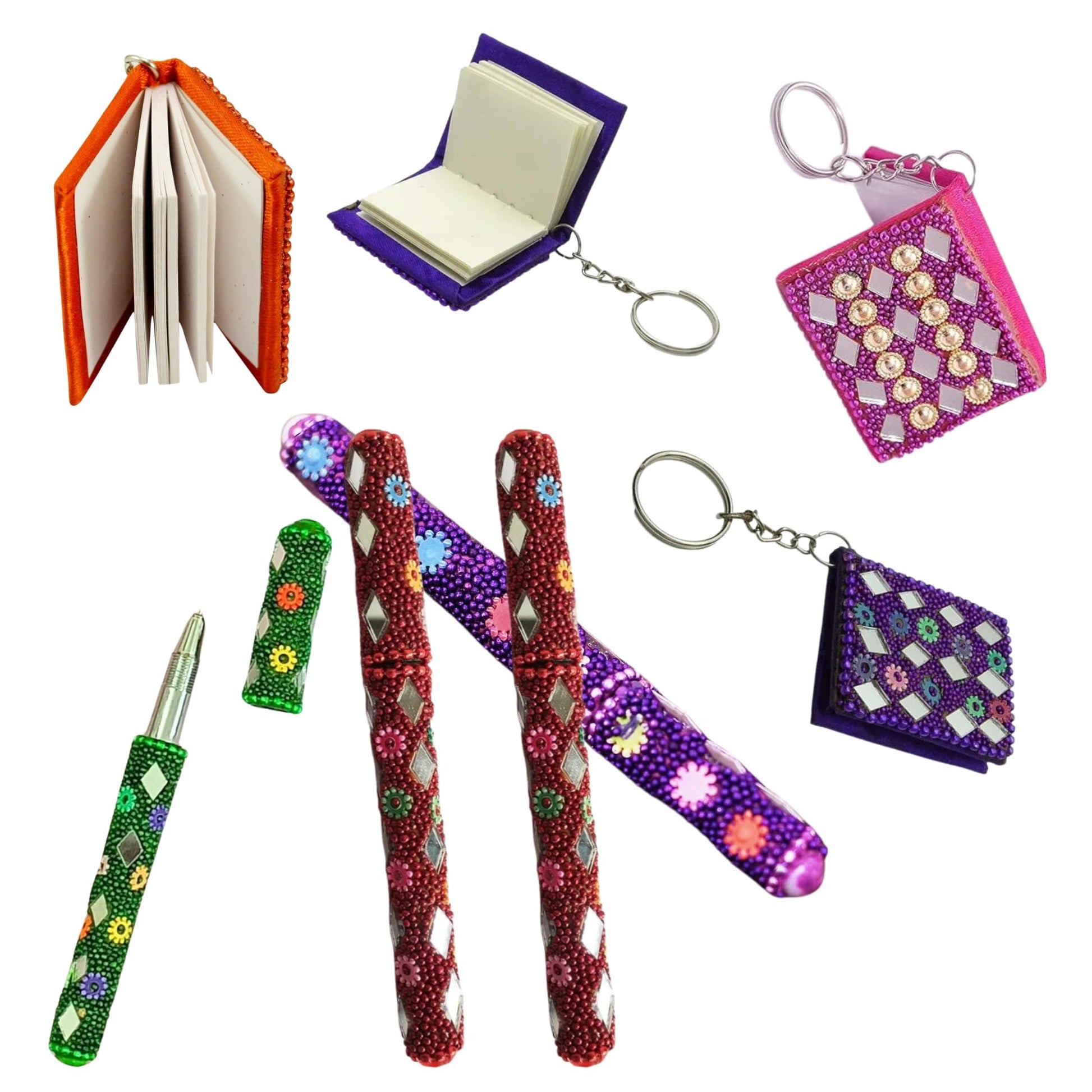 santarms Rajasthani Handmade Mirror Ball Blue Pen for Smooth Writing with Antique Mirror Diary Keychain
