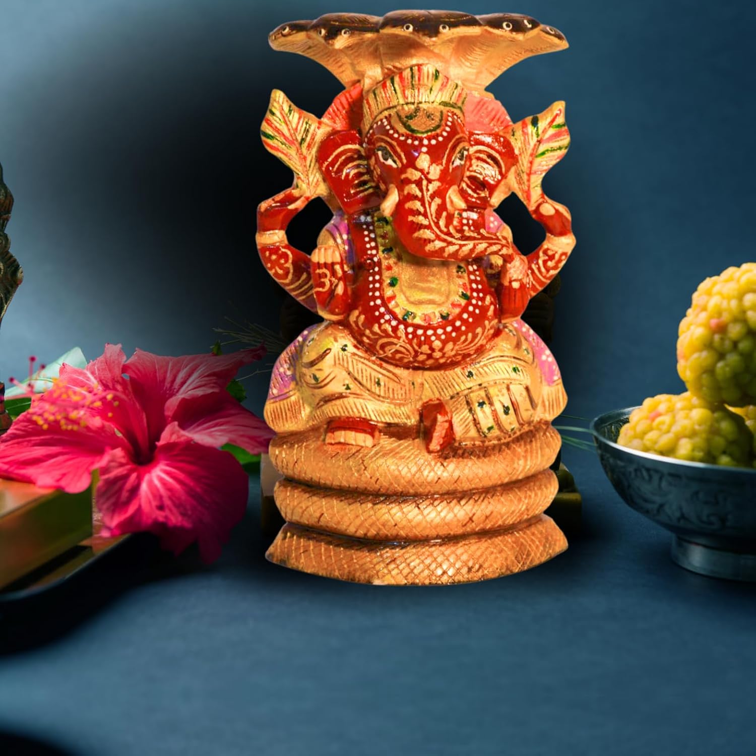 santarms Handmade Wooden Ganesh Ji on Sheshnaag Sitting Idol for Tabletop, Home & Office Decoration - Lord Ganesha, Vighnaharta, Vasuki Naag Pooja, Fine Ganapathi Showpiece, Best Gifting, Pack of 1