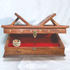 Santarms Handmade Wooden Holy Book Stand for Reading - Geeta Stand Fordable Rehal Holy Books Book Box | Quran Sharif Granth Pooja Bhagwat Ramayan Holder Rihal Bible Gita Ramayanam with Small Box