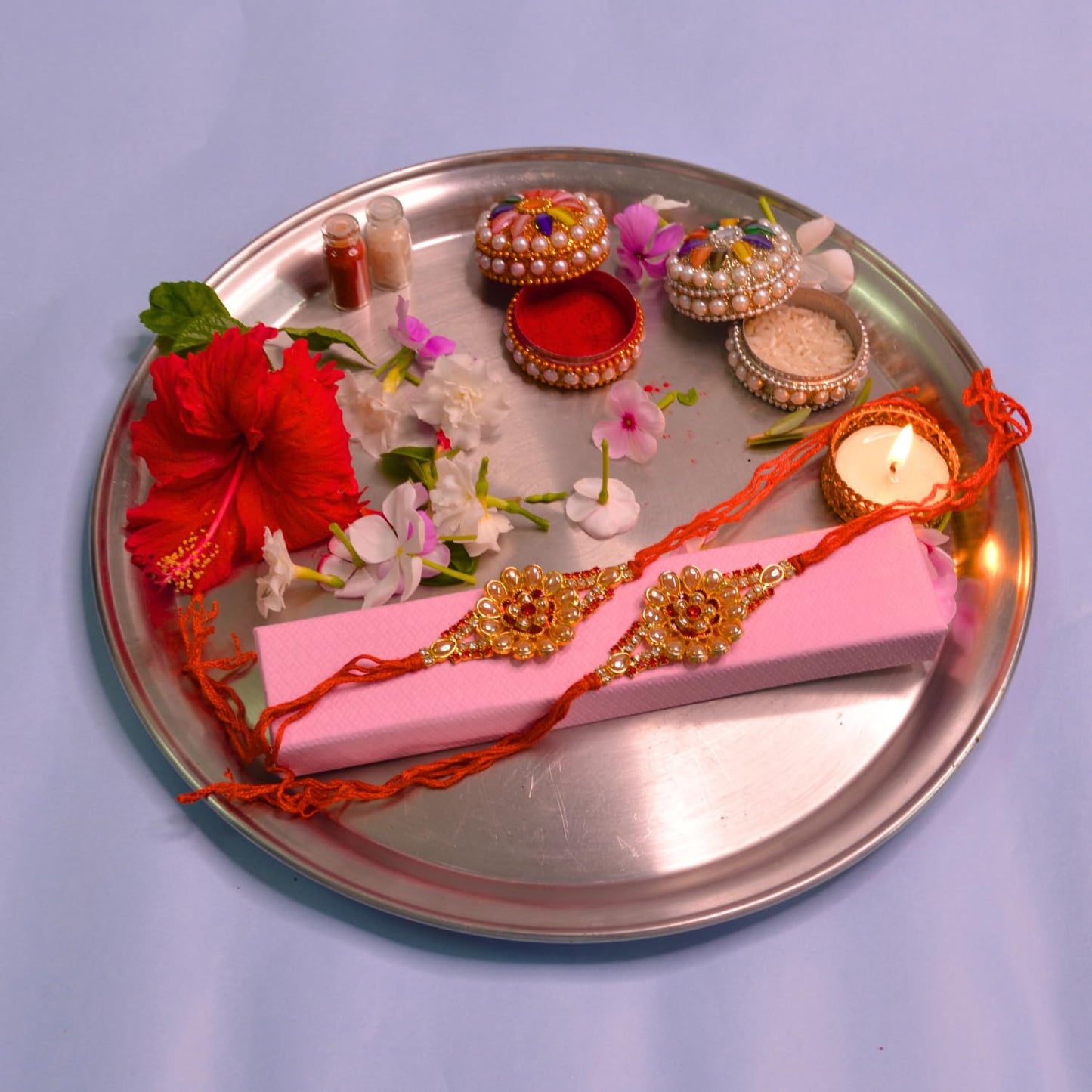 santarms Stone 2 Flower Rakhi Combo For Brother Bhaiya Bhabhi Sister Raksha Bandhan Gift Band Moli Bracelet for Bhai with Roli Tilak and chawal