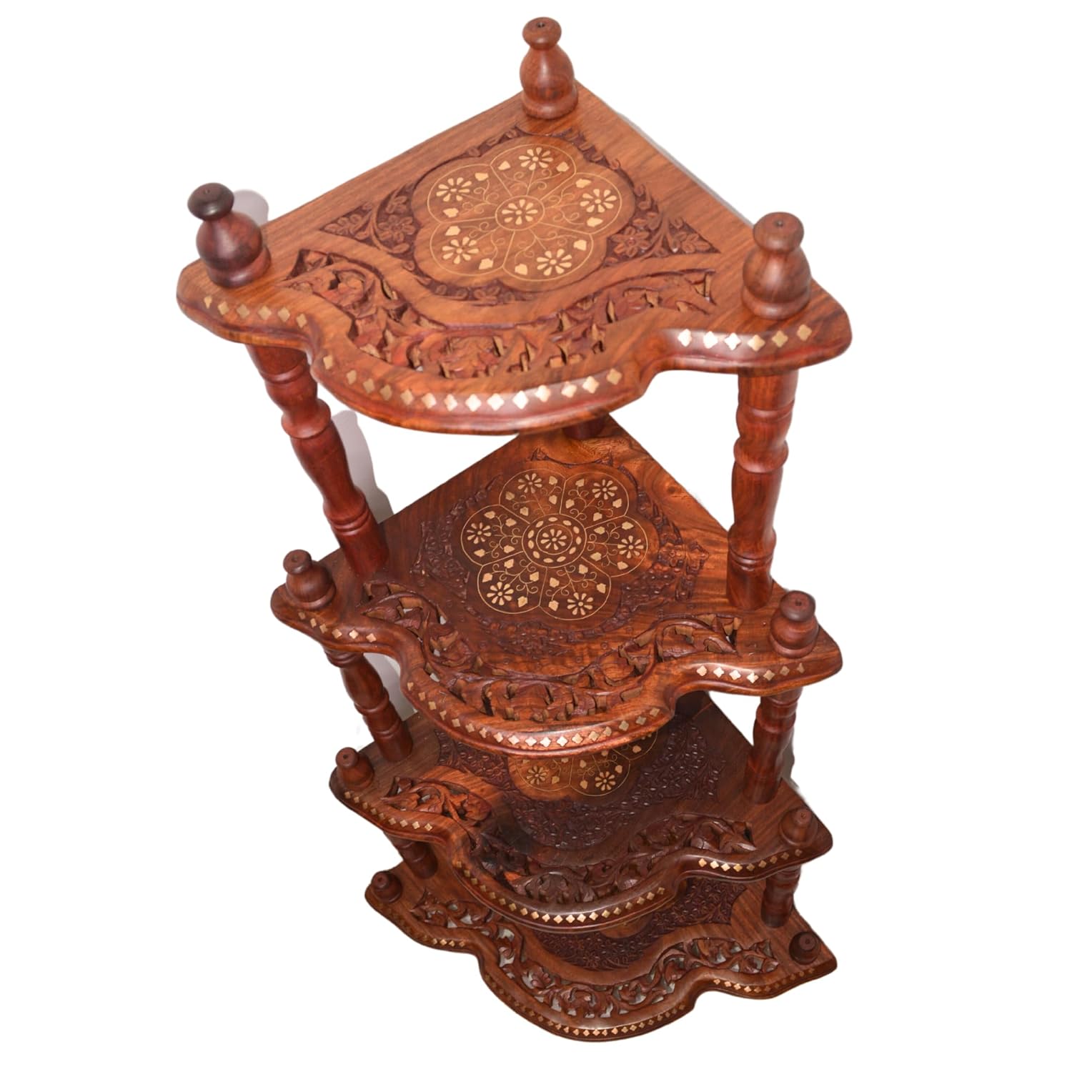 santarms Corner Shelf 4 Rack Wooden Brass Work Wall Shelves - Organize and Decorate Your Living Room, Kitchen, Bedroom, and Pooja Room
