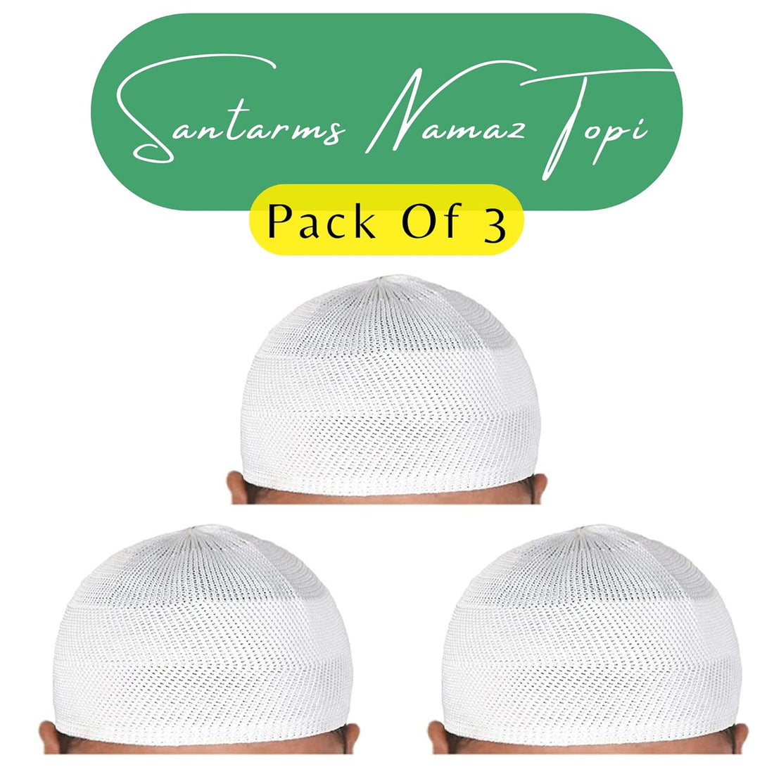 santarms Islamic Prayer Kufi Muslim Cap for Men and Boys, Namaz Topi for Namaz, Comfortable and Stylish Headwear for Daily Prayers and Religious Occasions, White, Pack of 3