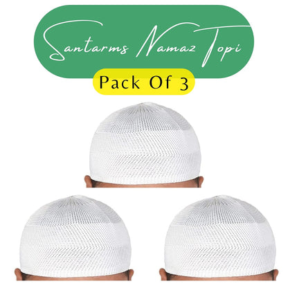 santarms Islamic Prayer Kufi Muslim Cap for Men and Boys, Namaz Topi for Namaz, Comfortable and Stylish Headwear for Daily Prayers and Religious Occasions, White, Pack of 3