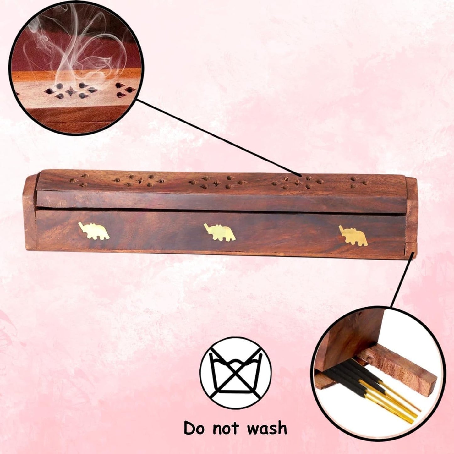 Santarms Wooden Agarbatti Stand with Brass Elephant Inlay – Incense Stick Holder Box with Ash Catcher Lid – Handmade Natural Wood Incense Burner for Home Temple Office Decor
