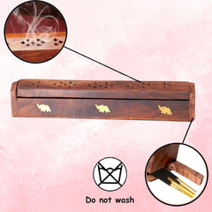 Santarms Wooden Agarbatti Stand with Brass Elephant Inlay – Incense Stick Holder Box with Ash Catcher Lid – Handmade Natural Wood Incense Burner for Home Temple Office Decor