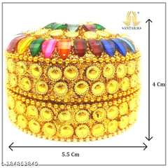 santarms Handmade Golden Small Kumkum Box Set Refillable Sindoor Shringardani With Multi-Color Gemstones Aluminum Round Moti Dibbi For Married Women Perfect Shadi Ka Gift, Pooja & Wedding (Set Of 4)
