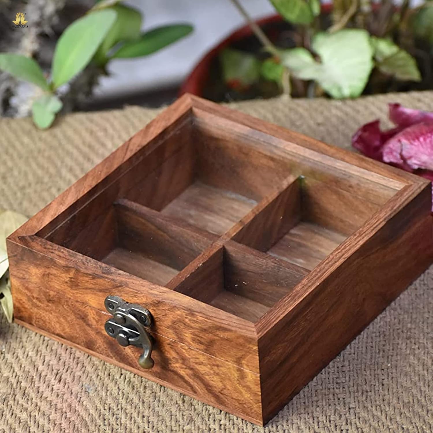 santarms handmade wooden masala box for kitchen Spice Boxes wooden dry fruit box 4 container dry fruits box - snacks box, masala box, use as jewellery box or chocolate box