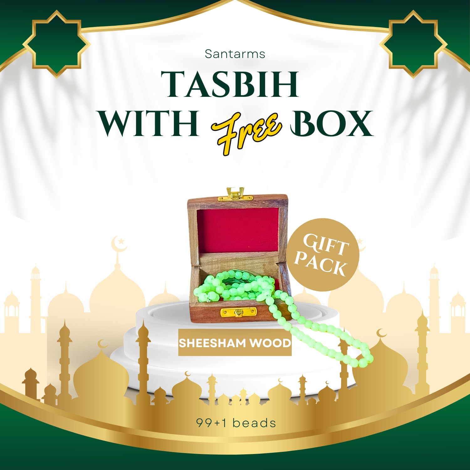santarms Tasbeeh Islamic Chanting Prayer Counter Tasbih For Muslim Ramadan Gift - 99+1 Beads With Wooden Box COMBO PACK, Perfect Islamic Gift