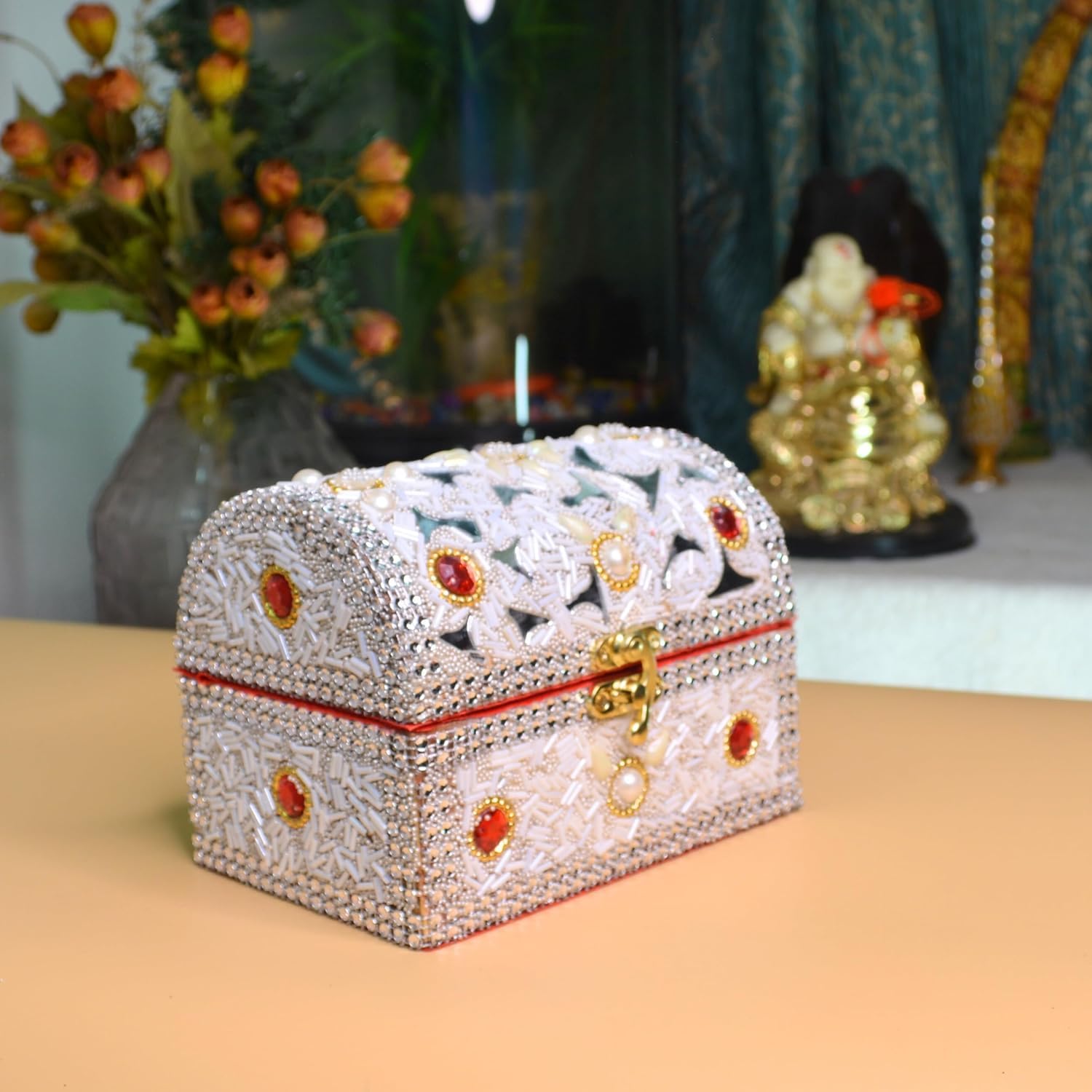 santarms Beads Work Jewellery Craft Box (White) | 10 cm Handmade Wooden Jewelry Box with Lock | Shringar Box for Brides | Wedding Gift for Married Women