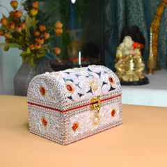 santarms Beads Work Jewellery Craft Box (White) | 10 cm Handmade Wooden Jewelry Box with Lock | Shringar Box for Brides | Wedding Gift for Married Women