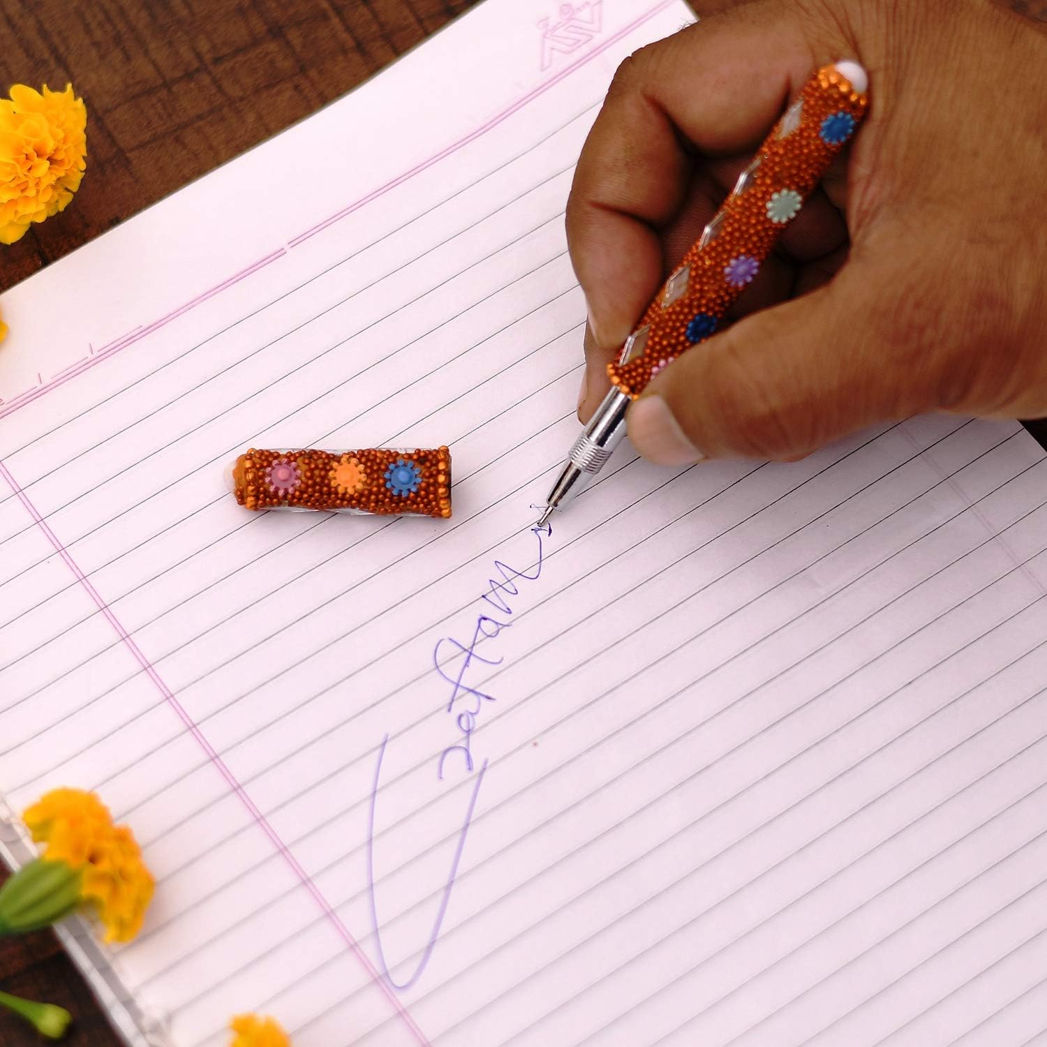 santarms Rajasthani Handmade Mirror Ball Blue Pen for Smooth Writing with Antique Mirror Diary Keychain