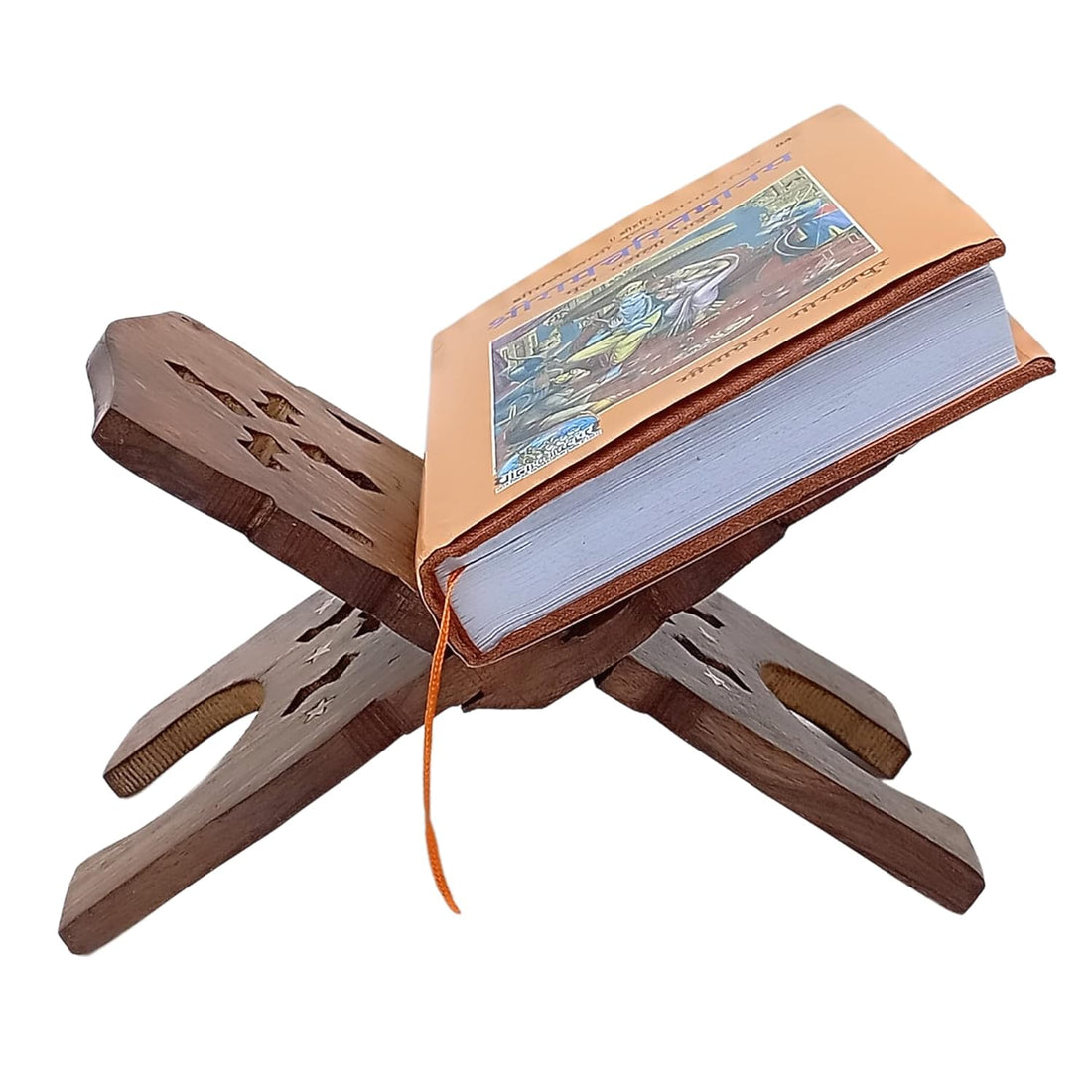santarms Geeta Stand Wooden Handmade fordable Wooden Book Stand | Stand for Reading | bhagwat Geeta Stand | ramayan Stand Pooja Stand Wooden bhagwat Geeta in Hindi Original Book with Stand (15 INCH)