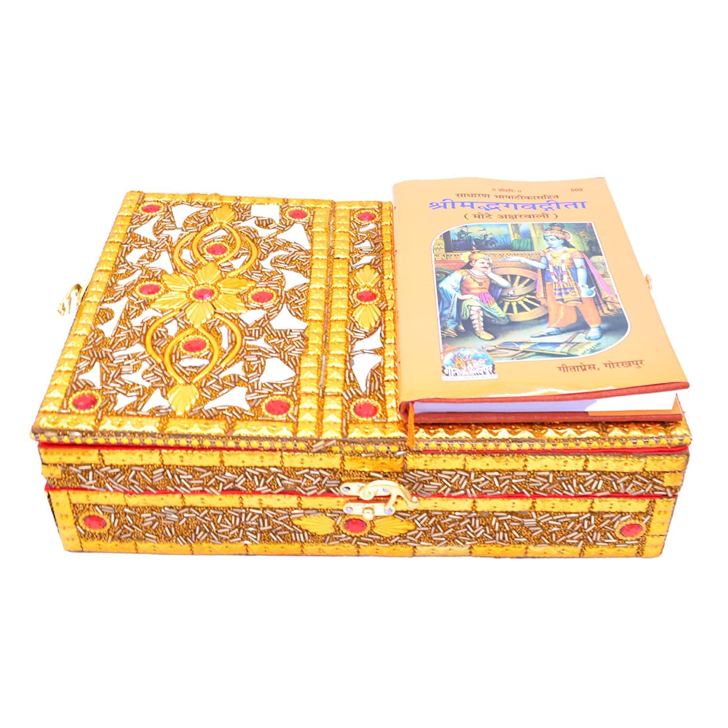 Santarms Handmade Wood Geeta Box for Reading - Geeta Stand Fordable bhagwat Geeta Stand Box | Book Stand Pooja Bhagwat Ramayan Holder Gita Ramayanam Book with Stand Box bhagwat Geeta Box