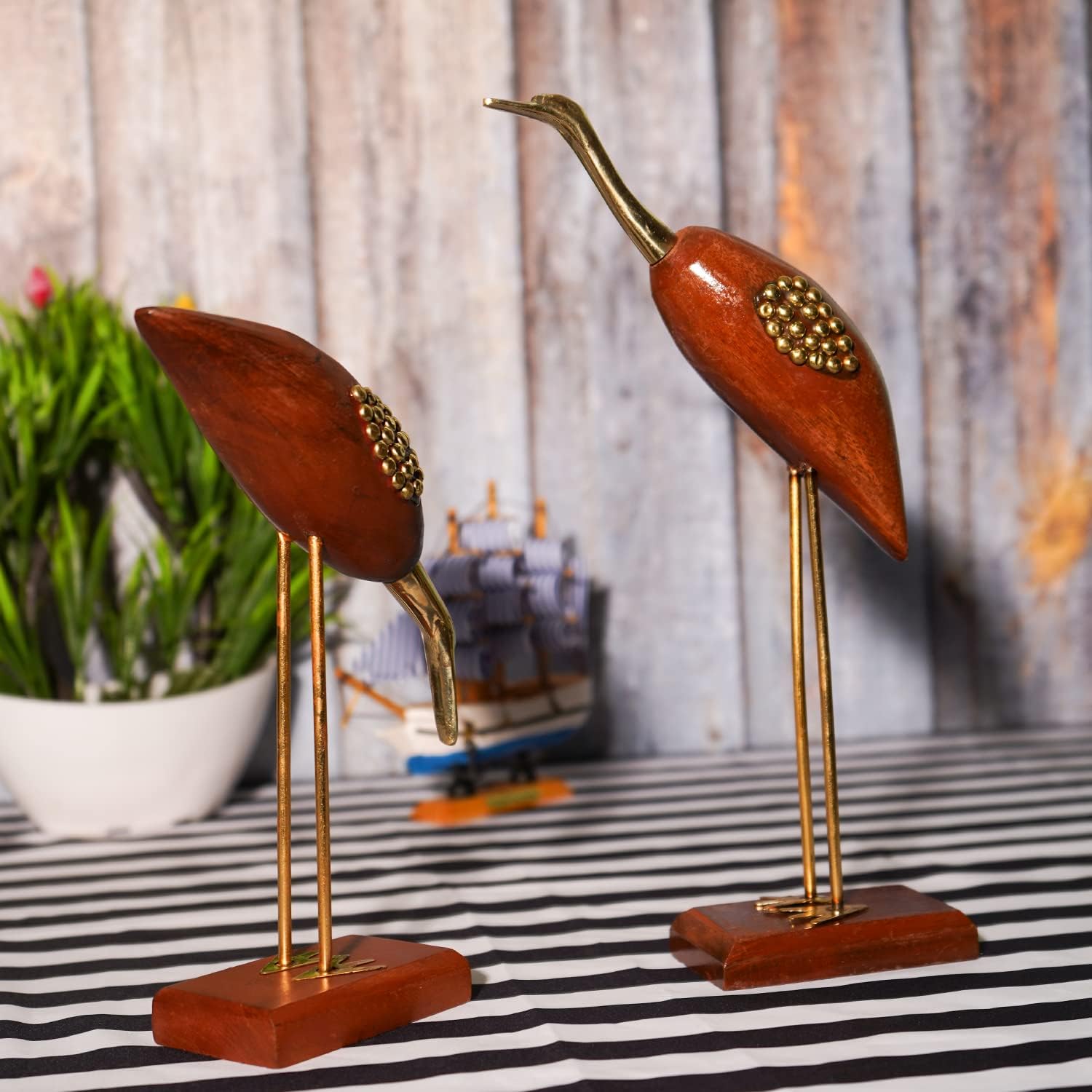 santarms Wooden and Brass Couple Swan for Home & Table Decor, Handmade Crane Decorative Item, Saras Love Birds Showpiece Figurine for Living Room and Bedroom
