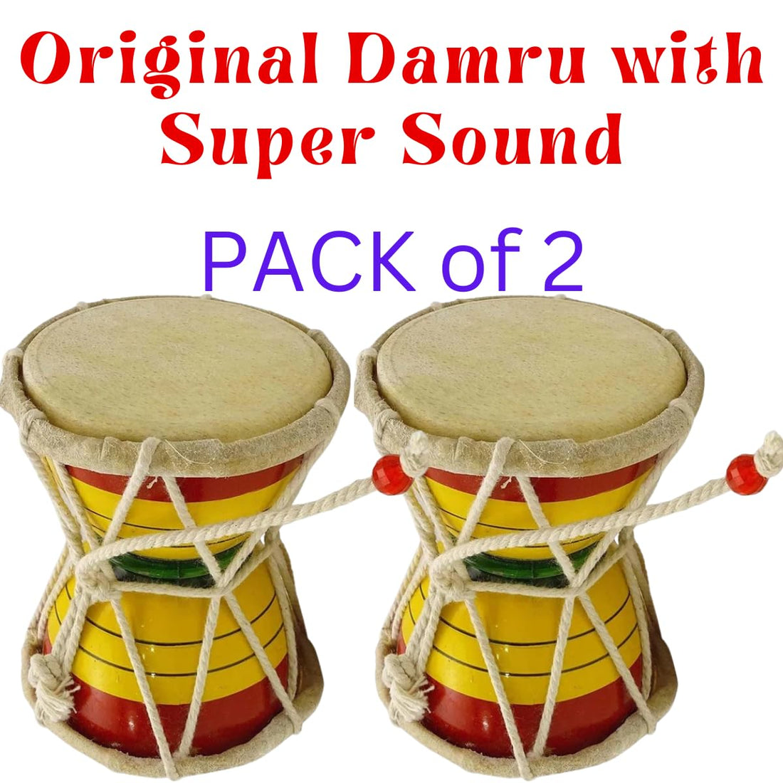 Santarms Damru/Damaru 5inch (12.7cm) for Shivratri, Wooden Hand Percussion Handmade Damroo Indian Musical Instruments - Pack of 2