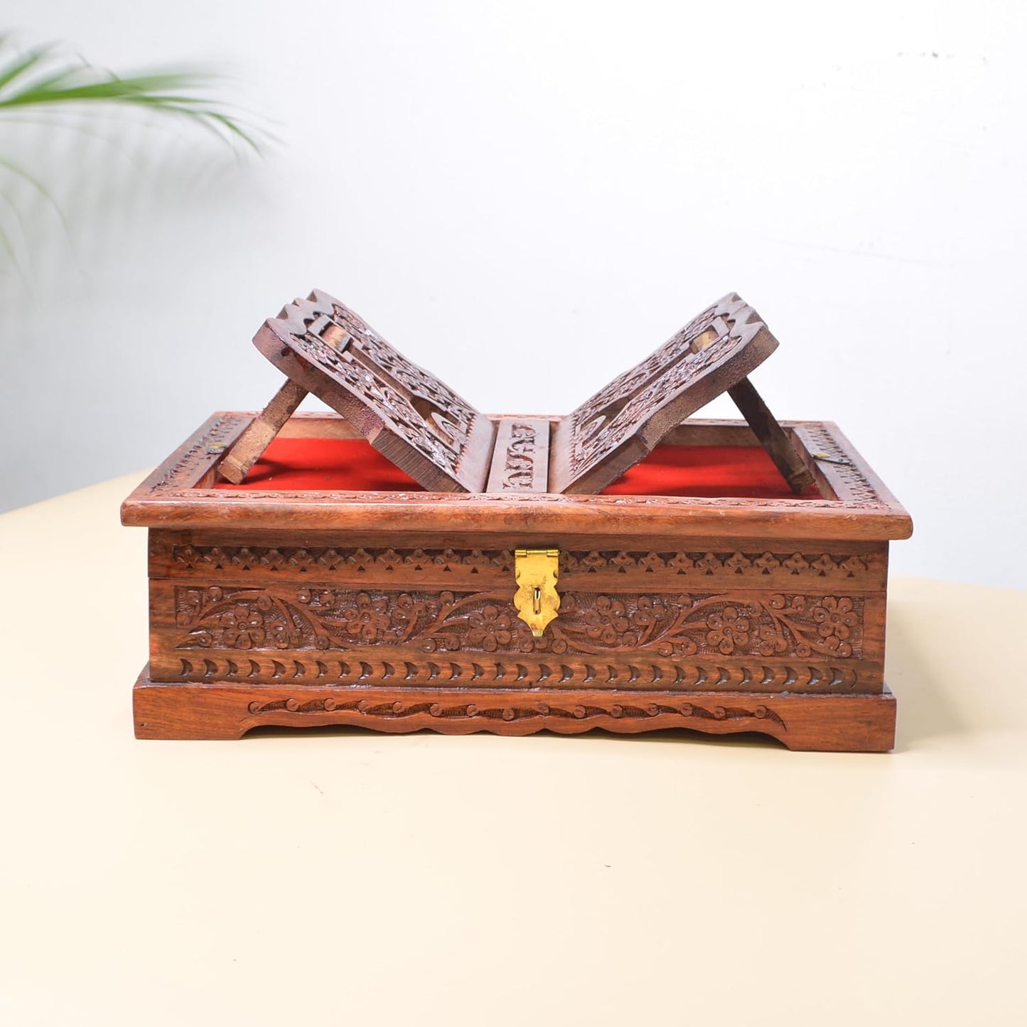 Santarms Wooden Decor Holy Book Stand Box for Reading Quran, Geeta, Guru Granth Sahib, Bible | Book Box with Intricate Carving - Ideal for Diwali Gift