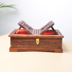 Santarms Wooden Decor Holy Book Stand Box for Reading Quran, Geeta, Guru Granth Sahib, Bible | Book Box with Intricate Carving - Ideal for Diwali Gift