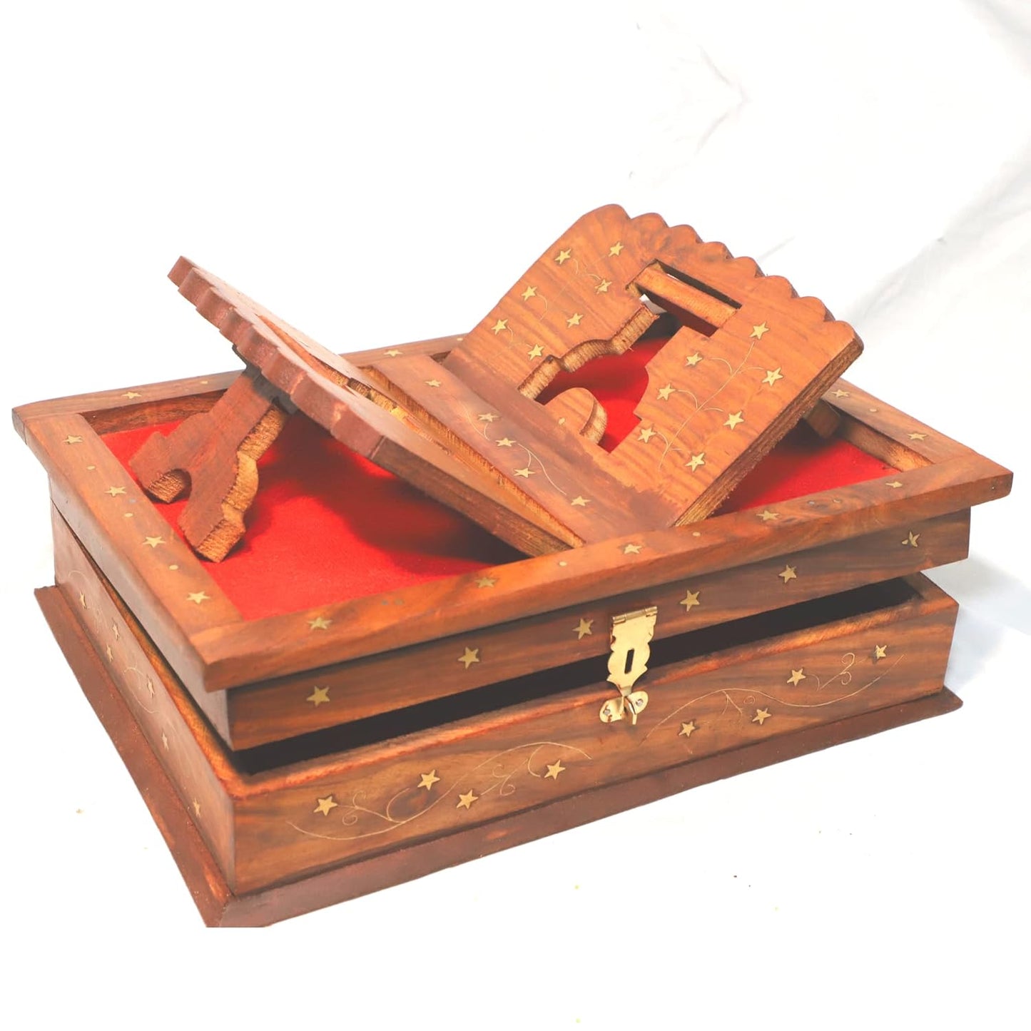 Santarms Handmade Wooden Holy Book Stand for Reading - Geeta Stand Fordable Rehal Holy Books Book Box | Quran Sharif Granth Pooja Bhagwat Ramayan Holder Rihal Bible Gita Ramayanam with Small Box