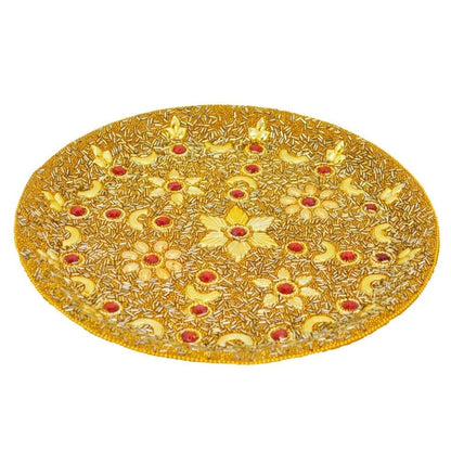 Santarms Karva Chauth Thaali Set Elegant Beaded Thali Combo with Kalash Chalni Diya Singhora Sindoor Box Includes 10 Grams of Red Sindoor Traditional and Decorative for Celebrating