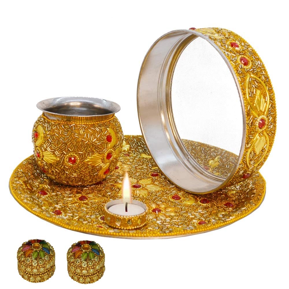 Santarms Karva Chauth Thali Set and Pooja Decor Collection and A Treditional Gift for Women, Wife