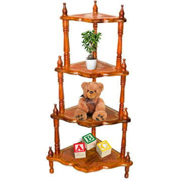 santarms Corner Shelf 4 Rack Wooden Brass Work Wall Shelves - Organize and Decorate Your Living Room, Kitchen, Bedroom, and Pooja Room
