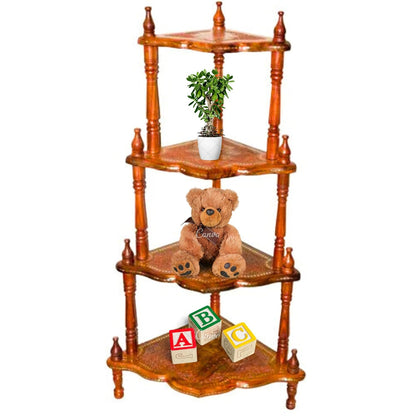 santarms Corner Shelf 4 Rack Wooden Brass Work Wall Shelves - Organize and Decorate Your Living Room, Kitchen, Bedroom, and Pooja Room