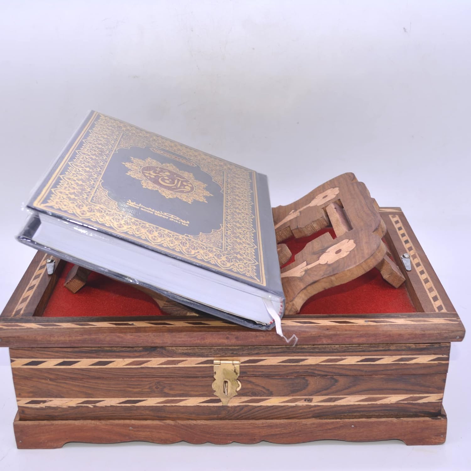 Santarms Wooden Holy Quran Book (in Arabic) with Rehal Box Stand for Reading | Perfect Gift for Ramadan Eid Al-Fitr (Combo)