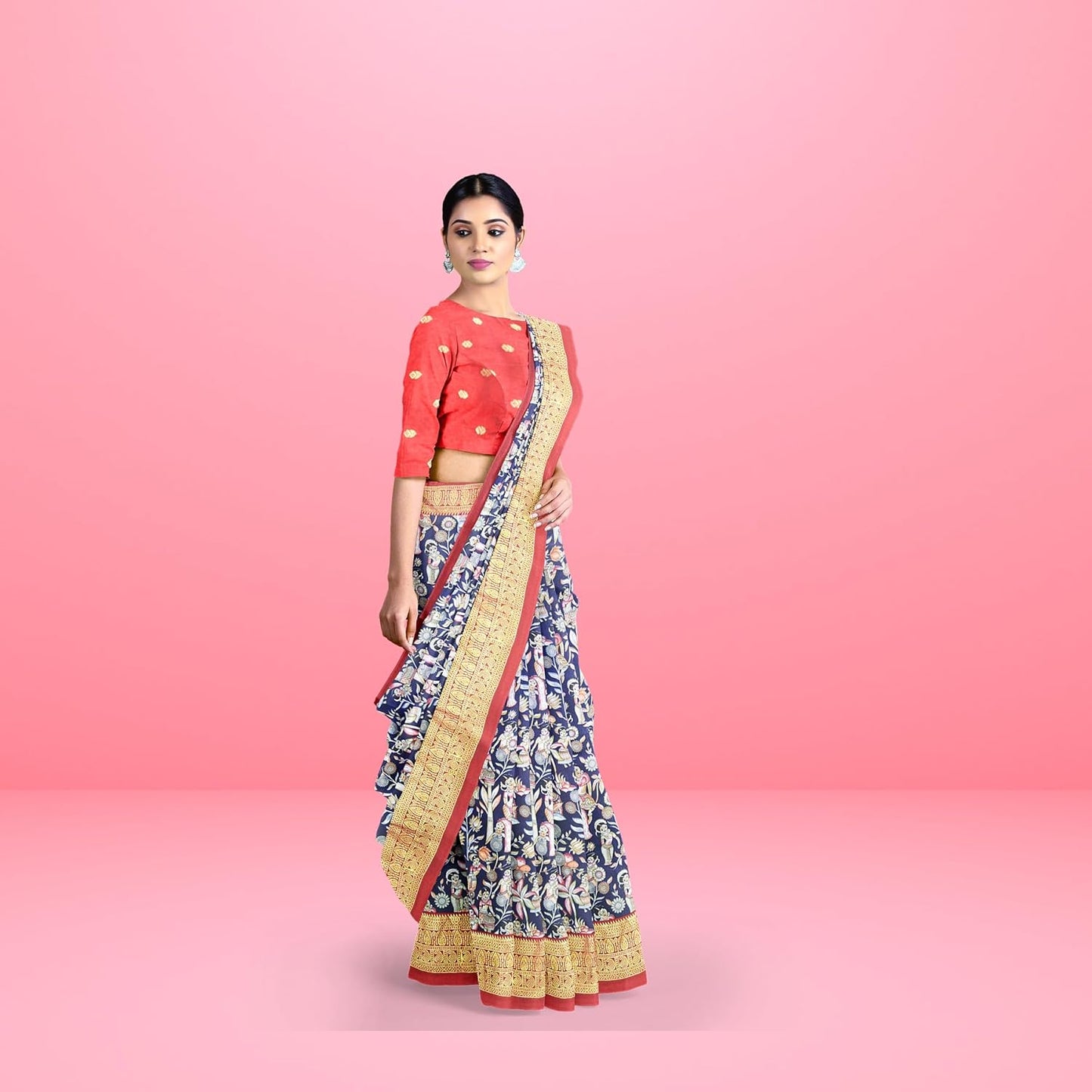 Hira Silk South Cotton Saree with Unstitched Blouse, Kumkum Box and Sindur for Women