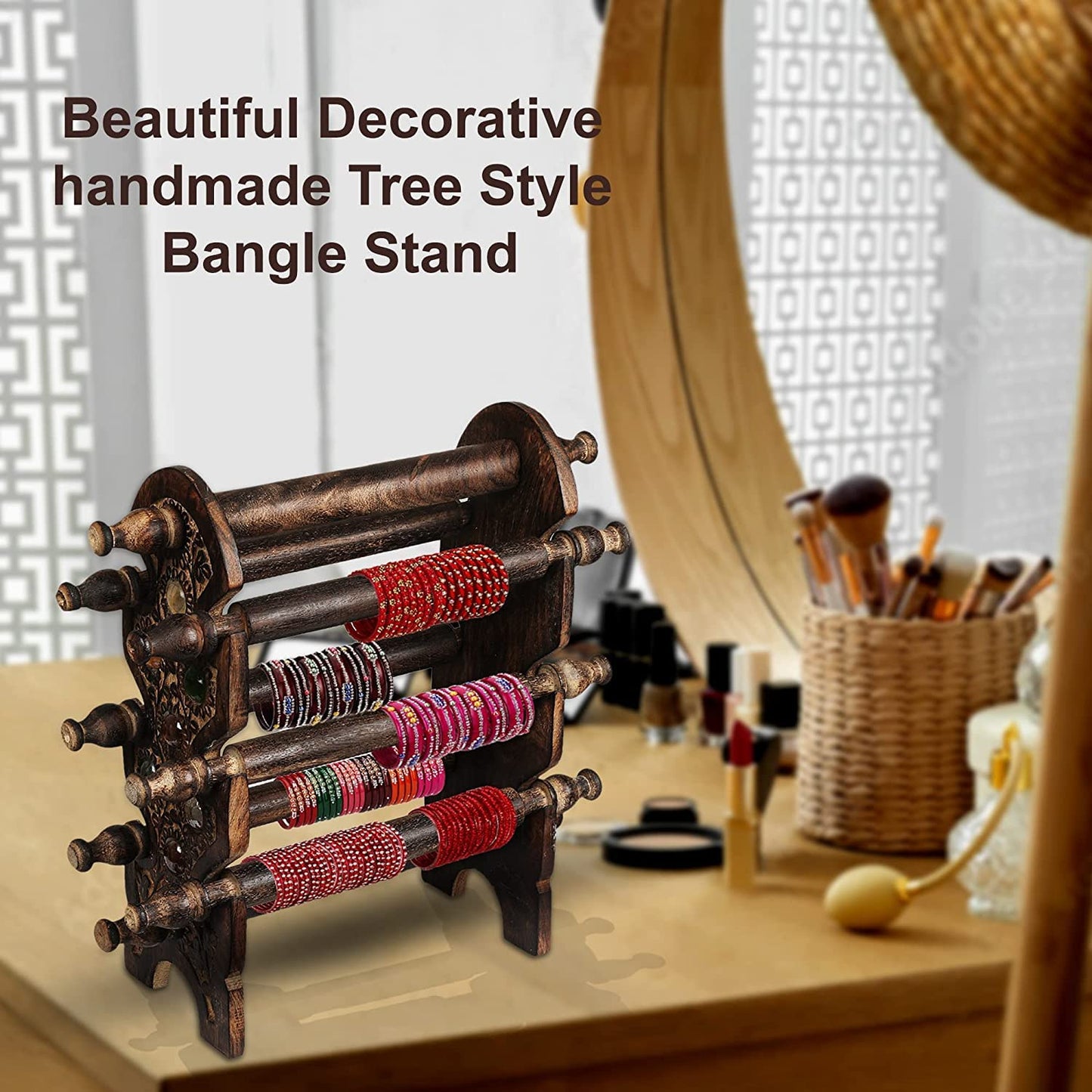 santarms Wooden Bangle Stand For Bangles | Home Decor | Women Gift Bangles For Or Chudi Churi Best By Holder | MADE IN INDIA | 4 Rods