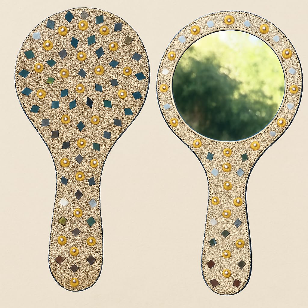 santarms Handcrafted Decorative Makeup Mirror – Vintage Handheld Vanity Mirror with Mirror Work, Pearls & Beads | Indian Traditional Design | Portable & Stylish Gift for Women, Pack of 1