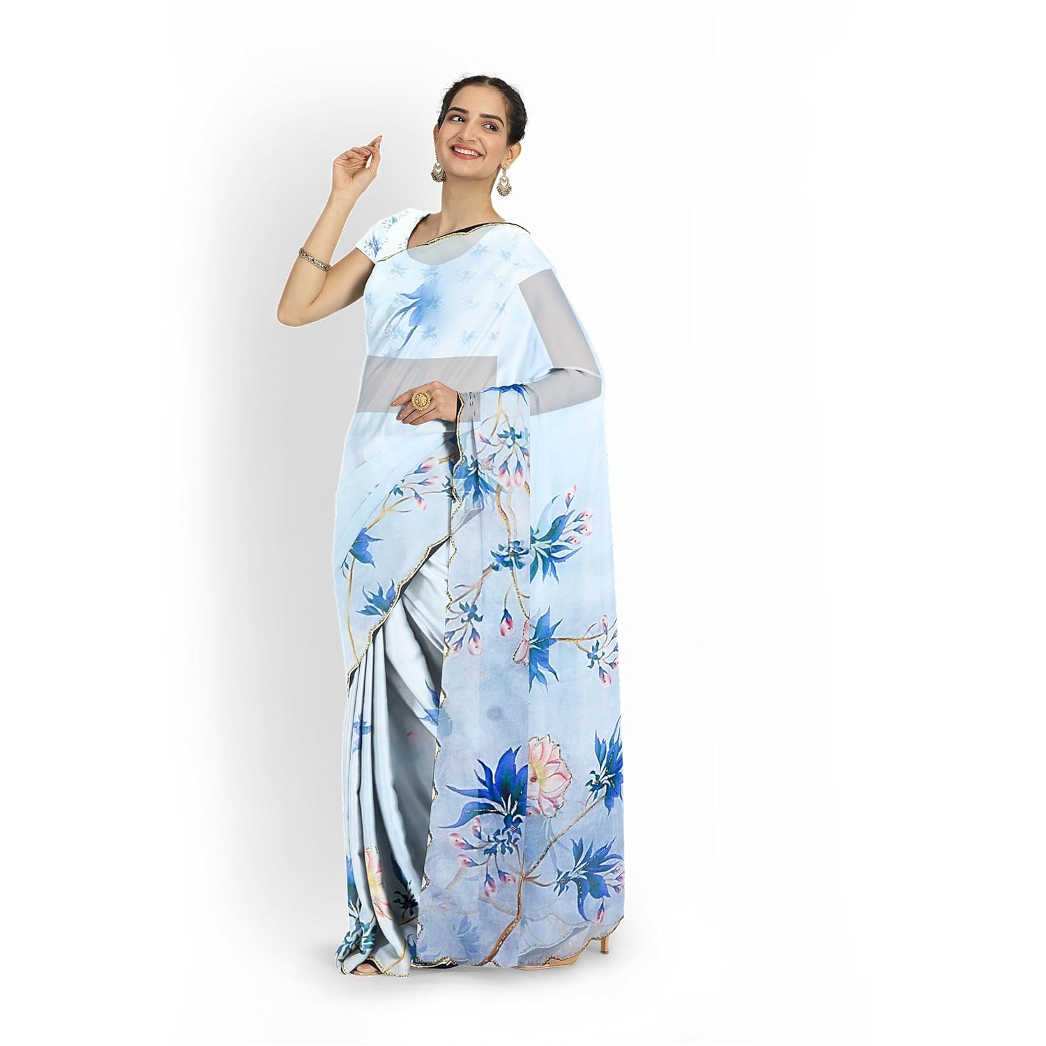 Hira Silk Organza Saree for Women, Printed Shiny Sari with Unstitched Blouse Piece for Women - Pack of 1