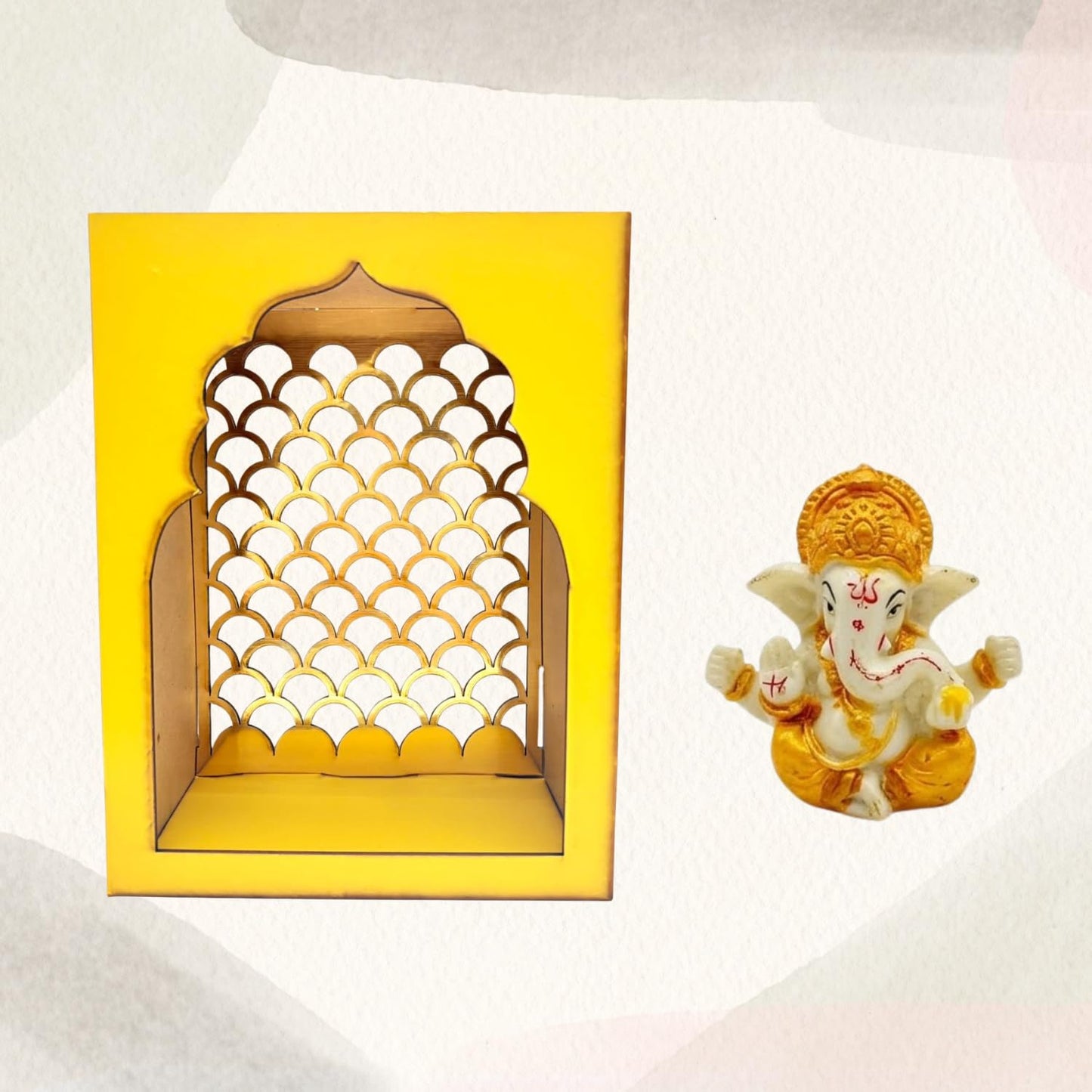 Handcrafted Wooden Pooja Mandir, Yellow Jharokha Style, Jali Design, with Lord Ganesha Idol, Home Decor & Diwali Gift