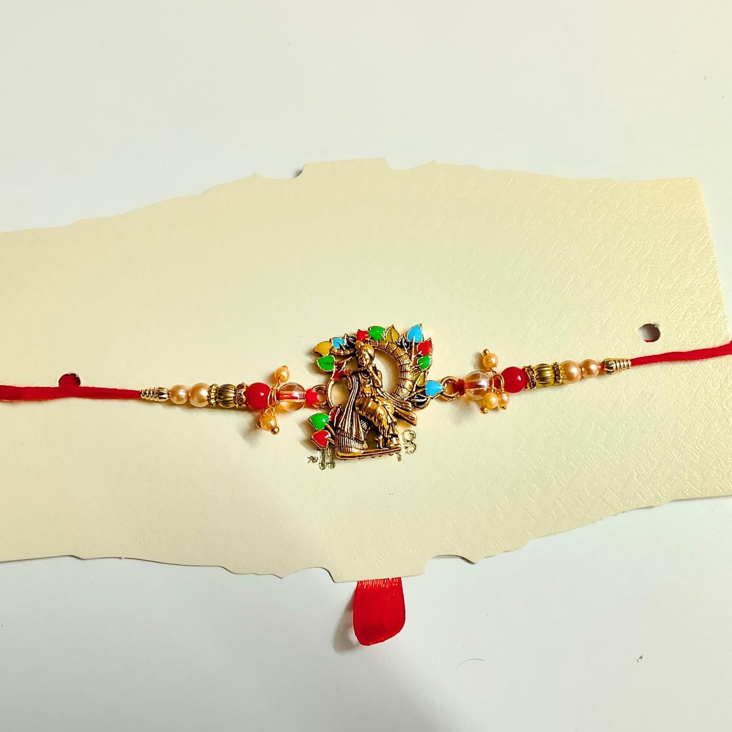 santarms Krishna Rakhi for Brother | Traditional Raksha Bandhan Rakhi with Colorful Beads, Roli and Chawal for Men & Boys