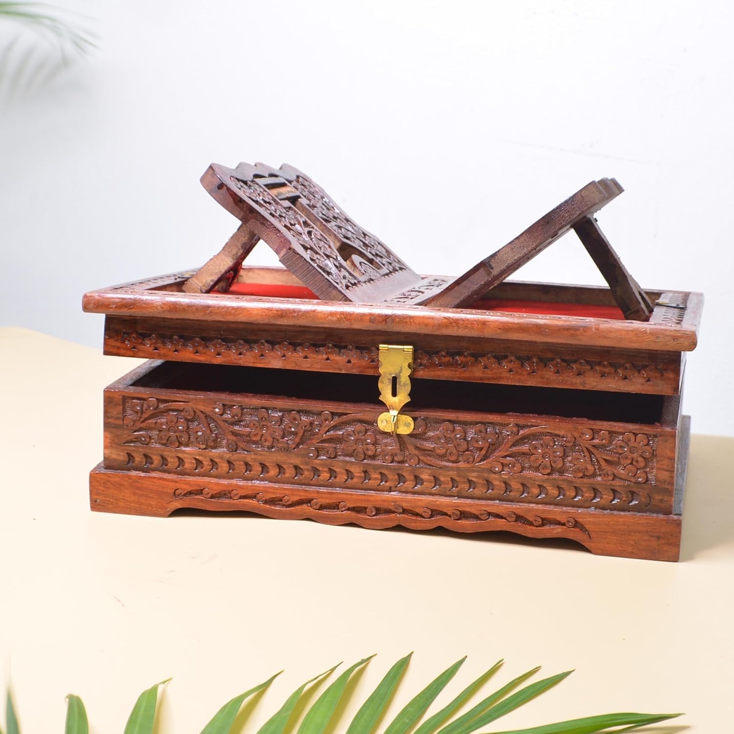 Santarms Wooden Decor Holy Book Stand Box for Reading Quran, Geeta, Guru Granth Sahib, Bible | Book Box with Intricate Carving - Ideal for Diwali Gift