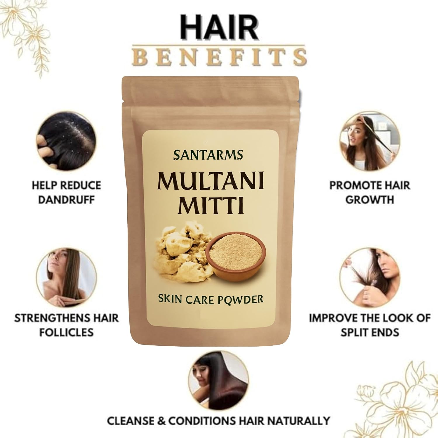 Santarms Multani Mitti Powder for Face, Glowing Skin, Acne Control & Oil Removal | Natural Fuller’s Earth Clay for Hair | Skin Brightening Cleanser Mask - 200g