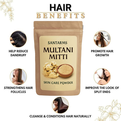 Santarms Multani Mitti Powder for Face, Glowing Skin, Acne Control & Oil Removal | Natural Fuller’s Earth Clay for Hair | Skin Brightening Cleanser Mask - 200g
