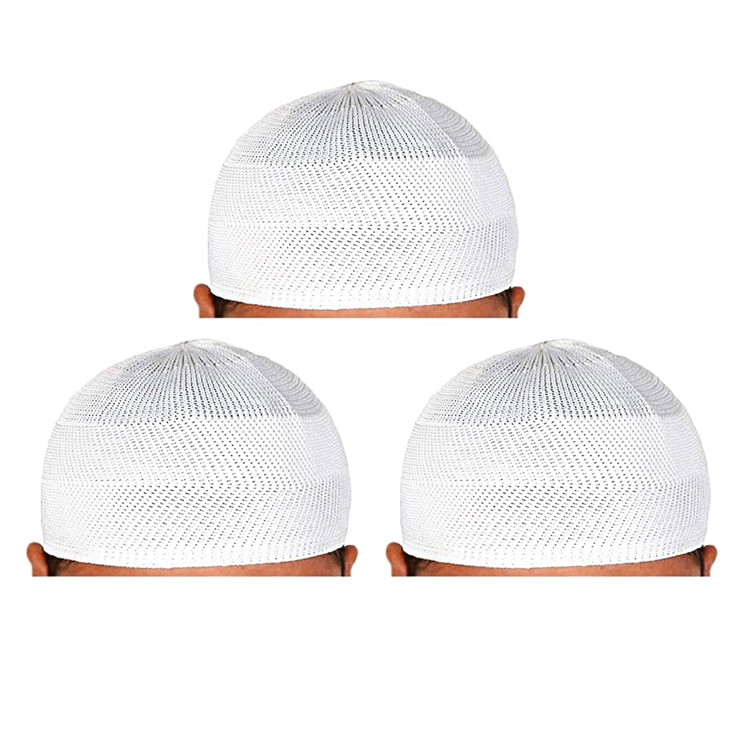 santarms Islamic Prayer Kufi Muslim Cap for Men and Boys, Namaz Topi for Namaz, Comfortable and Stylish Headwear for Daily Prayers and Religious Occasions, White, Pack of 3