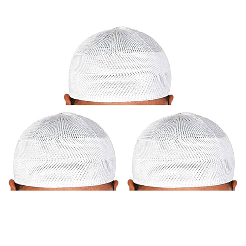 santarms Islamic Prayer Kufi Muslim Cap for Men and Boys, Namaz Topi for Namaz, Comfortable and Stylish Headwear for Daily Prayers and Religious Occasions, White, Pack of 3