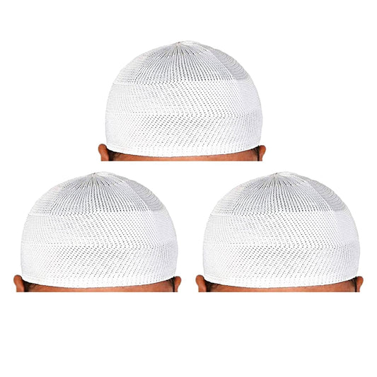 santarms Islamic Prayer Kufi Muslim Cap for Men and Boys, Namaz Topi for Namaz, Comfortable and Stylish Headwear for Daily Prayers and Religious Occasions, White, Pack of 3